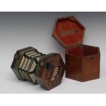 A 19th century rosewood concertina, probably Wheatstone, forty eight keys, hexagonal fretwork ends,