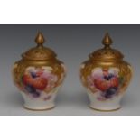 A composed pair of Royal Worcester lobed pot pourri vases and covers, painted by H.