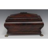 A George IV flame mahogany bombe shaped tea caddy, possibly Irish,