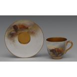 A Royal Worcester cabinet cup and saucer, painted by Harry Stinton, signed, with Highland cattle,