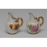 A Royal Worcester miniature flat sided jug, painted with peonies and foliage, gilt loop handle, 3.