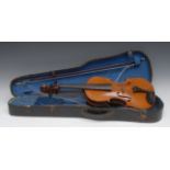 A violin, the two-piece back 36cm long excluding button, ebony tuning pegs,