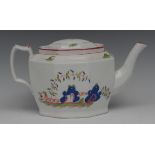 A Newhall type hexagonal type teapot and cover, decorated with blue rocks and fence, iron red,