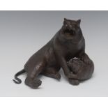 Japanese School (Meiji period), a dark patinated bronze, of a big cat and her young, 17.