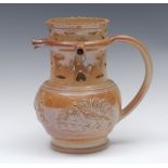 A 19th century brown salt glazed stoneware puzzle jug,