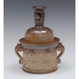 A mid 19th century brown salt glazed stoneware commemorative tobacco jar and cover,