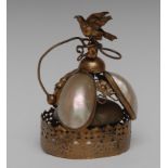 A 19th century French mother of pearl and gilt metal counter bell, bird finial, sprung mechanism,
