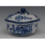 A Derby quatrefoil shaped tureen and cover, decorated in underglaze blue with pagodas, trees,