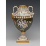 An English Porcelain two-handled pedestal ovoid vase, decorated by R Daniel, signed,