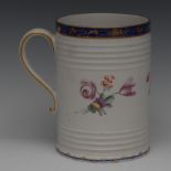 A Derby ribbed cylindrical mug, decorated with flower spray, banded Smith;s blue border,