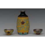 A Japanese silver mounted tokkuri sake set, comprising ovoid flask and a pair of bowls,