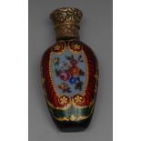 A 19th century Bohemian enamelled emerald glass flattened ovoid scent bottle,