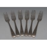 A set of six George III provincial silver Old English pattern table forks, James Barber,