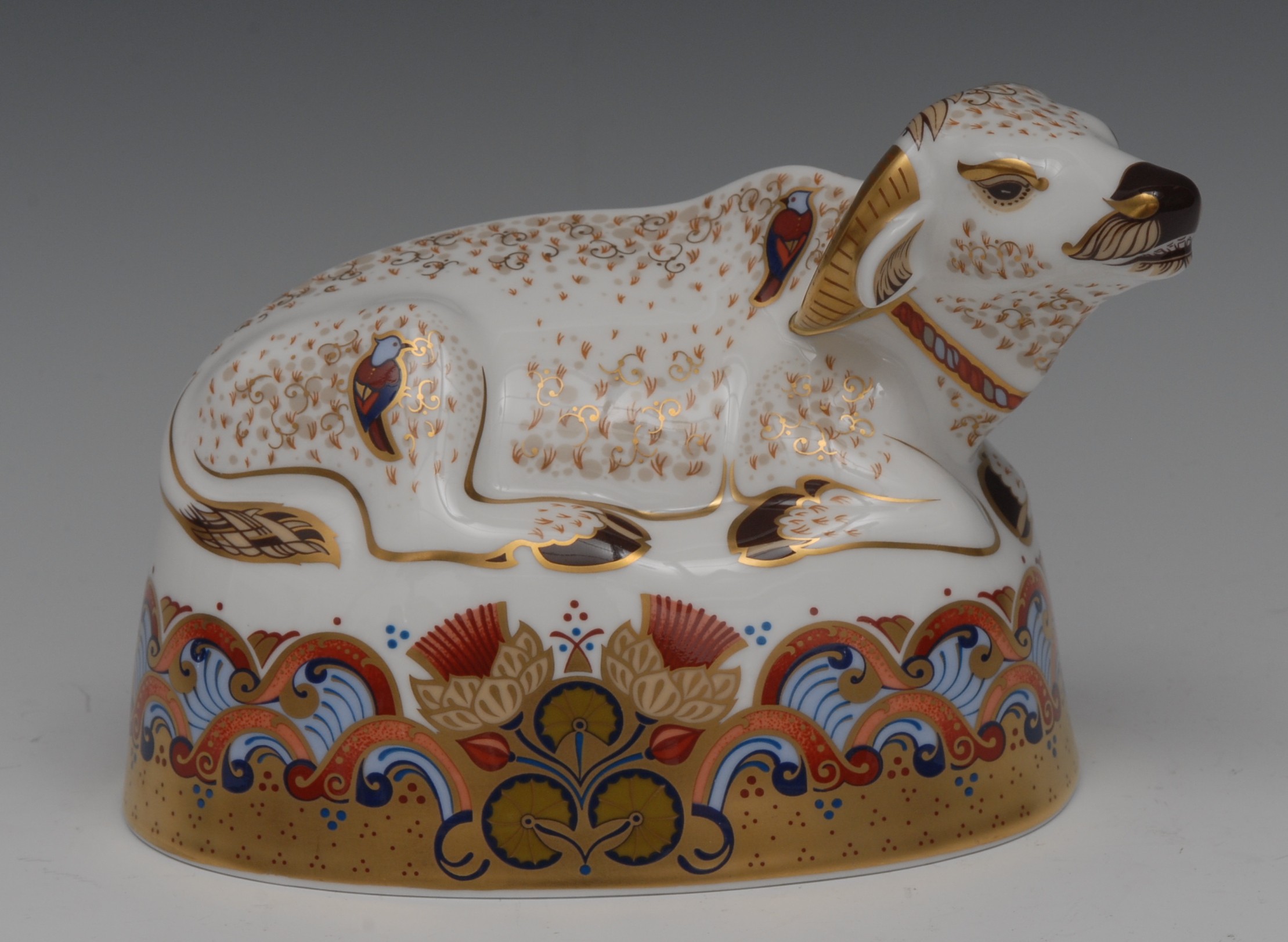 A Royal Crown Derby paperweight, Water Buffalo, John Ablitt signature in gold, gold stopper,