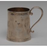 An 18th/early 19th century Colonial silver spreading cylindrical mug, scroll handle,