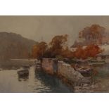 Ernest William Haslehust (1866-1949) Rowing Boats Moored On The River signed, watercolour,