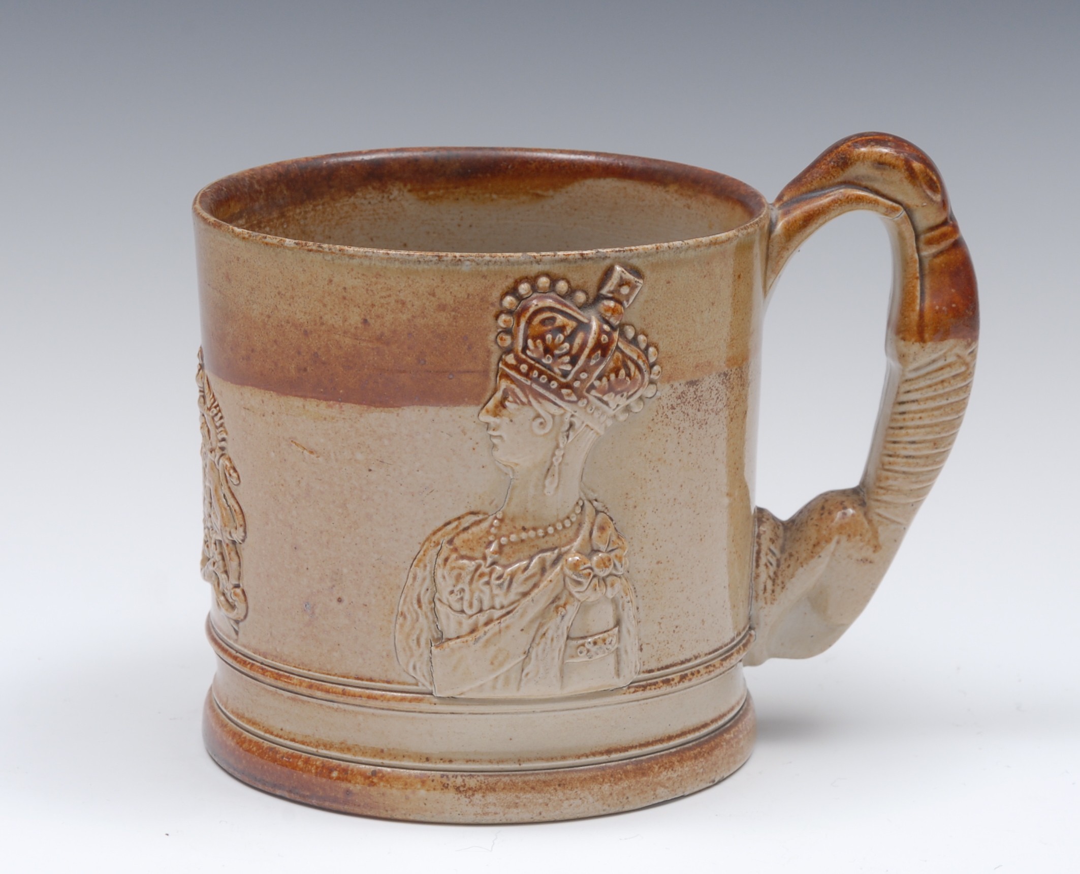 A 19th century brown salt glazed stoneware commemorative mug,