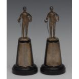 Fencing - a pair of Elizabeth II silver figures, cast as combatants with mask and foil,