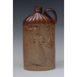 A 19th century brown salt glazed stoneware flask, moulded in relief with Queen Victoria,