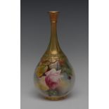 A Royal Worcester bottle vase, painted with large red and yellow Hadley roses,