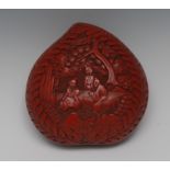 A Chinese 19th century peach shaped cinnabar lacquer box and cover,