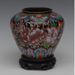 A Japanese cloisonne jar, enamelled in colours with peonies and scrolls,