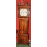 A William IV flame mahogany long case clock, square 34cm painted dial with roses in the spandrels,