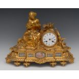 A 19th century French porcelain mounted gilt metal figural mantel clock, 8.