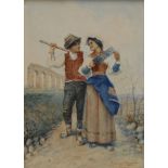 School of Francesco Longo Mancini (1880-1954) Roma Peasants signed, watercolour,