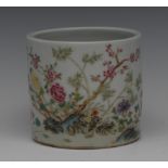 A 19th century Chinese Famille Rose brush pot, with peonies and foliage, in colours, 9cm high,