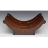 A George III mahogany boat shaped cheese coaster, broad and narrow twin-compartments, scroll ends,