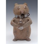 A Derbyshire/Nottinghamshire brown salt glazed stoneware bear baiting jug and cover,