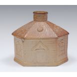 A Derbyshire brown salt glazed stoneware hexagonal thatched cottage tobacco box and cover,