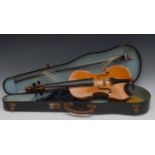 A German violin, the one piece back 36cm long excluding button, paper label for Arnold Voight,