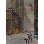 Michael Crawley Snowy Day, Fifth Avenue, New York signed, titled to verso, watercolour,