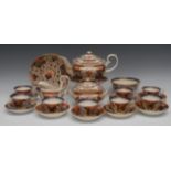 A Derby Imari tea service, comprising boat shaped teapot and stand, milk jug, sugar bowl and cover,