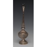An Indian silver compressed ovoid pedestal rosewater sprinkler, bird finial,