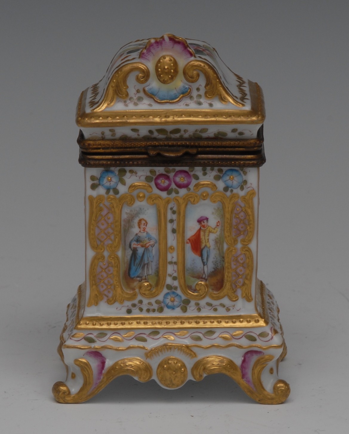 A Continental porcelain gilt metal mounted trinket casket,