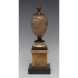 A 19th century Derbyshire spar ovoid mantel urn, bun finial, turned alabaster socle, plinth base,