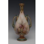 A large Hadley Worcester two-handed vase, decorated with thistles and wild flowers,