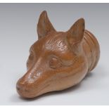 A Derbyshire brown salt glazed stoneware novelty flask, in the form of a fox's head, 17.5cm long, c.