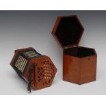 A 19th century mahogany concertina, by Lachenal & Co, London, twenty-seven keys,