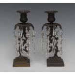 A pair of post-Regency dark patinated bronze mantel candle lustres,