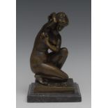 French School, a patinated bronze, of a nude bather, marble base,