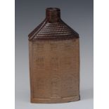 A 19th century two-tone brown salt glazed stoneware novelty flask, as a three storey house,