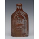 A 19th century brown salt glazed stoneware flask, moulded in relief with portrait busts,