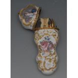 A good 18th century Birmingham enamel and gilt metal mounted etui, painted with lady,