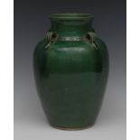 A Chinese monochrome ovoid vase, in emerald, four lug handles to shoulders, 26.