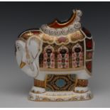 A Royal Crown Derby paperweight, Large Imari Elephant, printed marks, gold stopper,