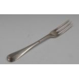 An 18th century silver Hanoverian pattern three-prong fork, possibly provincial,